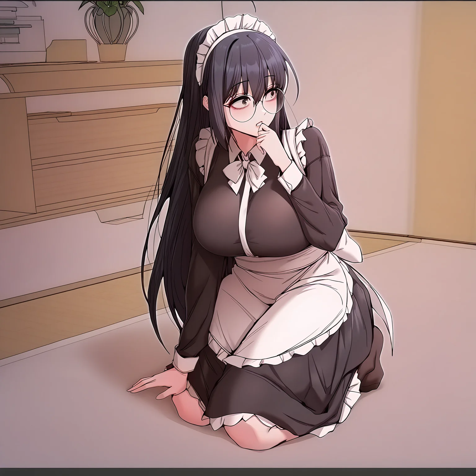masterpiece,best quality,newest,absurdres,highres,<lora:noobai_ep11_stabilizer_v0.138_fp16:1>,<lora:my_neighbour_1:1>,my_neighbour,glasses,black hair, kneeling, maid