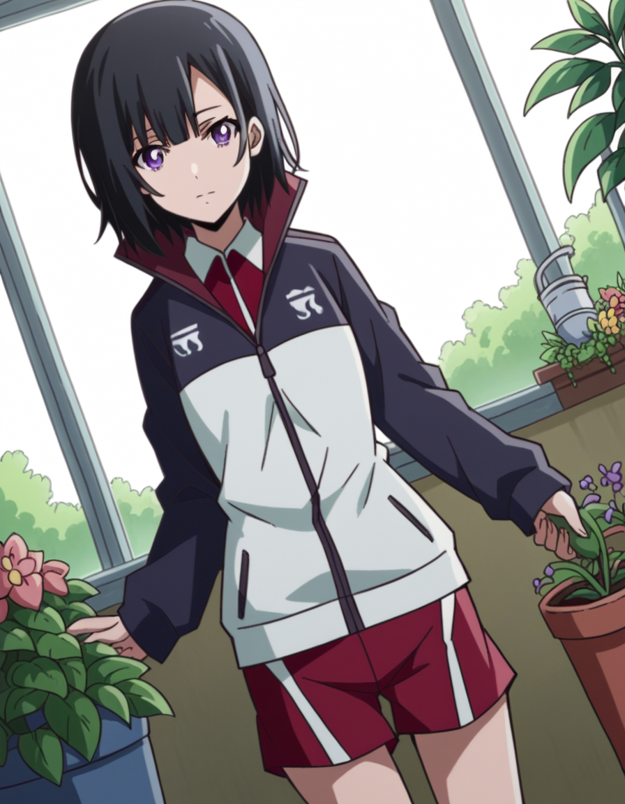 score_9, score_8_up, score_7_up, source_anime, <lora:yuika-shiwahime-s1-ponyxl-lora-nochekaiser:1>, yuika shiwahime, short hair, black hair, purple eyes,, shirt, jacket, necktie, shorts, sleeves past wrists, track jacket,, gardening, watering plants, backyard, flowers blooming, sunny day,, , looking at viewer, v,, solo,, dutch angle, cowboy shot
