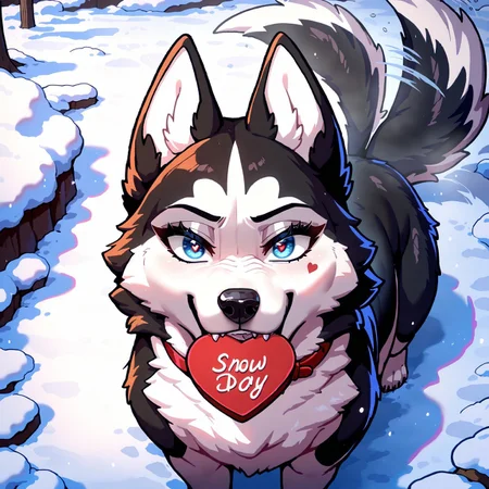 masterpiece, best quality, newest, absurdres, highres, (More Details), (8K), 1dog, female dog, animal husky, feral. black fur, white fur, blue eyes, thick eyelashes, red dog collar, sitting, looking at viewer, heart shape box in mouth, tail wagging, above view, winter, snow,