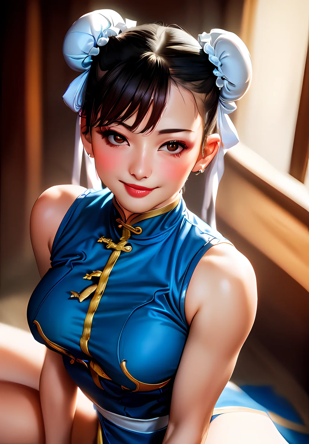 (Photo:1.3), highdetail, <lora:chun-li:0.8>, chun-li, 1girl, solo, smirk, sitting, in love, heart, sweet, cute, blush, (seductive, alluring, charming:1.3), (ultra-high res, high details, absurdres:1.3)