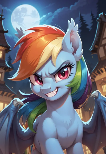 score_9, score_8_up, score_7_up, score_6_up, score_5_up, score_4_up, my little pony, solo, pony, feral pony, bat pony, rainbow dash, bat wings, fangs, moon, forest, night, look at you, angry, smile, grin, city background, castlevania, 1girl, beautiful, detailed, (detailed cute pony face), detailed eyes, detailed fur, beautiful, vector, flat colors, (beautiful long eyelashes), ((close-up)), high angle