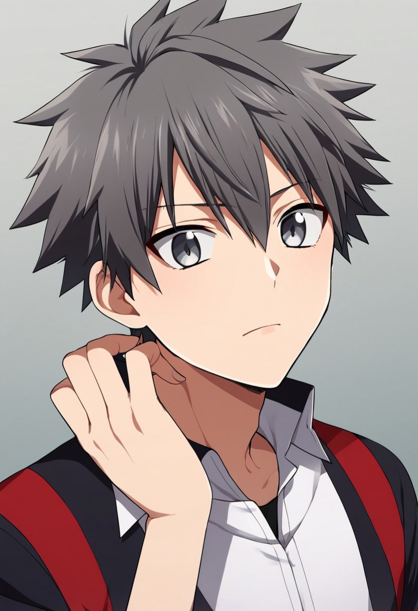 yuto_ryugami, dark grey hair, short hair, spiky hair, grey eyes, 1boy, solo, solo focus