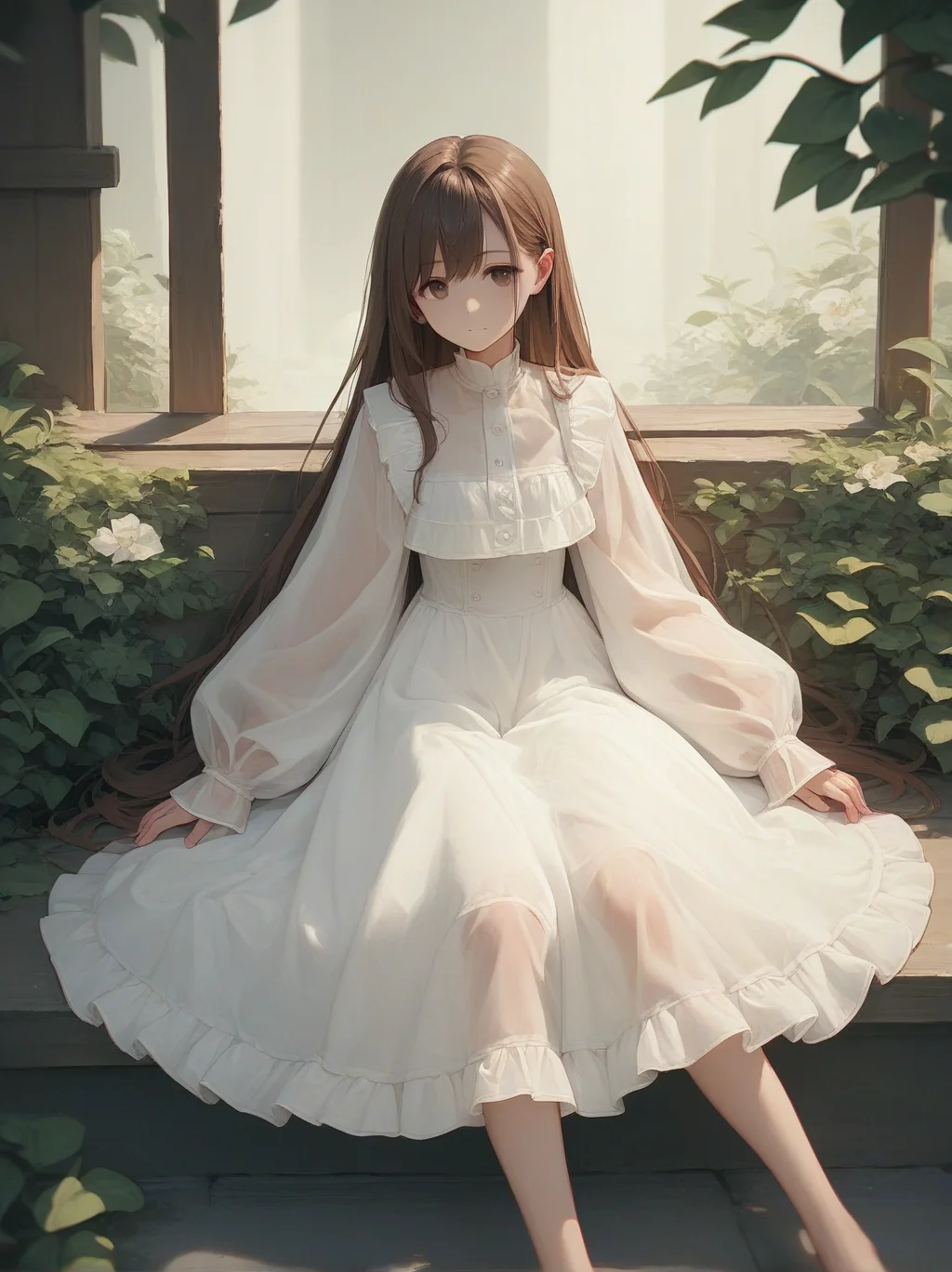 score_9, score_8_up, score_7_up, score_6_up, source_anime, <lora:cutesy_dress_v0.2-pony:1>
1girl, long hair, brown hair, sitting,
white dress, frilled dress, sleeves past wrists, see-through,