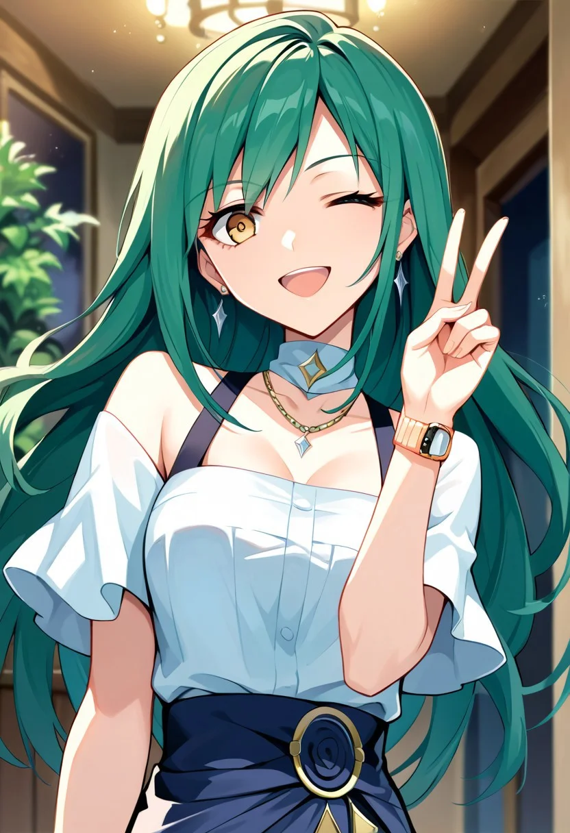 score_9, score_8_up, score_7_up, source_anime, JEWELS (BAKUGAN), 1girl, solo, long hair, looking at viewer, smile, open mouth, brown eyes, jewelry, yellow eyes, earrings, one eye closed, green hair, necklace, v, ;d, watch, wristwatch, v over eye