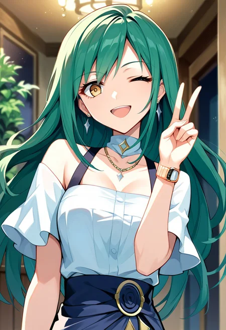 score_9, score_8_up, score_7_up, source_anime, JEWELS (BAKUGAN), 1girl, solo, long hair, looking at viewer, smile, open mouth, brown eyes, jewelry, yellow eyes, earrings, one eye closed, green hair, necklace, v, ;d, watch, wristwatch, v over eye