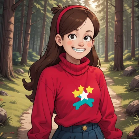 score_9, score_8, BREAK, solo, Mabel_Pines_(Gravity_Falls), 1girl, solo, pink hairband, black eyes, long hair, brown hair, blush stickers, braces, red sweater, turtleneck, long sleeves, skirt, self portrait, smile, looking at viewer, outdoors, sunlight, shadows, evening lighting, natural lighting, forest, trees, grass, orange sky, sunset