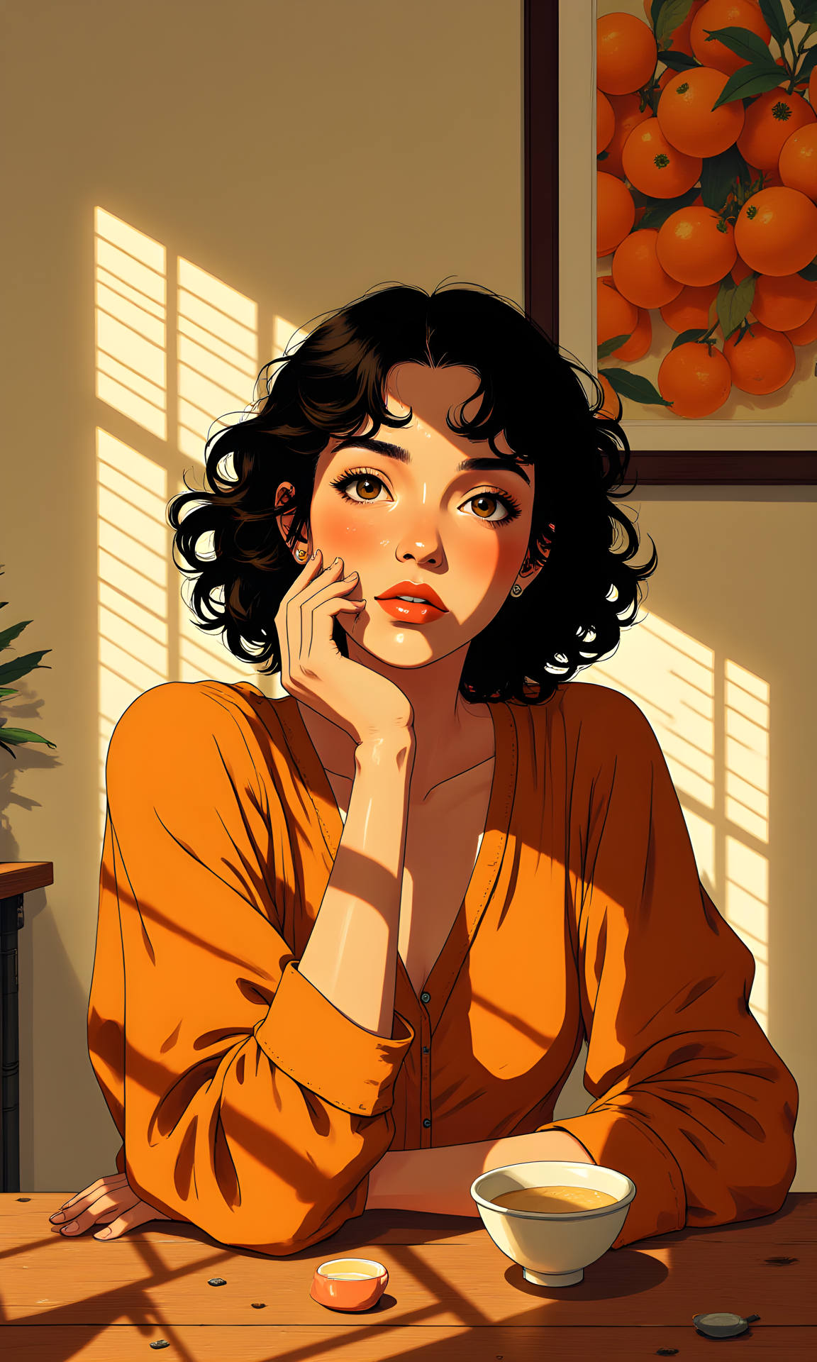 A woman with dark, curly hair styled in an updo. She has a contemplative and serene expression, gazing directly at the camera. Her posture is relaxed yet poised, with her arms resting on a wooden table.
Her facial expression is calm and introspective. Her eyes are wide open, conveying a sense of curiosity or thoughtfulness. The soft lighting accentuates her features, highlighting the gentle contours of her face and the subtle shadows cast by the light.
She is seated at a wooden table, leaning slightly forward with her arms resting on the surface. One hand is gently placed on the table, while the other holds a small object, possibly a cup or a bowl. Her body language suggests a moment of quiet reflection or pause.
The woman is wearing a loose-fitting, long-sleeved dress in a warm, terracotta color. The fabric appears soft and flowing, adding to the overall sense of comfort and ease. The dress has a simple, elegant design that complements her natural beauty.
The camera is positioned at eye level, capturing the woman from a frontal perspective. This angle allows for a direct and intimate view of her face and upper body. The framing is tight, focusing primarily on her and the immediate surroundings.
The lighting in the image is natural, coming from a window with blinds. The blinds create distinct, linear shadows that fall across her face, arms, and the table. These shadows add depth and texture to the image, creating a play of light and shadow that enhances the mood. The warm tones of the light give the image a cozy and inviting feel.
The background is relatively simple, featuring a wall with a framed painting of oranges. The painting adds a touch of color and visual interest to the scene without distracting from the main subject. The wall is plain, which helps to keep the focus on the woman. The overall setting appears to be indoors, possibly in a living room or a similar space.
The composition is balanced and harmonious, with the woman centered in the frame. The lines of the shadows created by the blinds lead the viewer's eye across the image, drawing attention to her face and the objects on the table. The warm colors of her dress and the painting in the background complement each other, creating a cohesive and visually pleasing image. The overall effect is one of quiet contemplation and peacefulness.
BREAK j_art, <lora:FLUX\jul\J_Anime:1.0>, <lora:FLUX\RetroAnimeS1.1:0.0>, <lora:FLUX\GLSHS:0.0>, <lora:FLUX\Dieselpunk Delight - s0_9 g4:0.0>