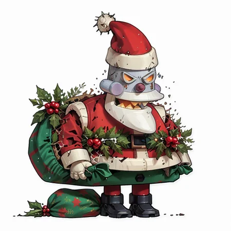 score_9, score_8_up, score_7_up, score_6_up, rating_safe,
r0b0t_s4nta_c1aus, solo, santa hat, santa_costume, pants,  christmas headwear, christmas clothing, solo, laughing manically, crushing present under foot,
simple background,