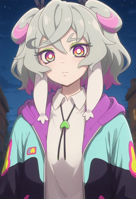 masterpiece,best quality,amazing quality, Pr3me, Multicolored Hair, Multicolored Eyes, Multicolored Jacket, rabbit ears, Collared Shirt, looking at viewer, night