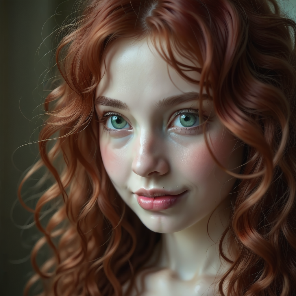 full body, neoteny, soft jaw, small mouth, small nose, wavy hair, red hair, large eyes, wideset eyes, plump lips, barely, round face, european, 1girl, solo, realistic, lips, close-up, face, looking away, small breasts, elegant small white dress, eyelashes, long hair, blue eyes, photorealistic, closed mouth, parted lips, slight smile, cute smile, eyebrows, green eyes, flushed, pale skin, long hair