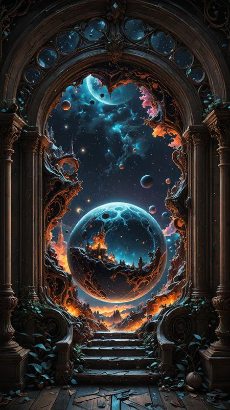 while inside  the ball is adorned 3D landscape, starry sky, fairytale, cinematic, highly detailed, beautiful details, mystical, vibrant colors, complex background, EPIC, (Use Dream Diffusion Secret Prompt),  <lora:3D_Framed_Wall_Art_-_By_DICE:0.6>, (Framed 3D, Landscape). UHD