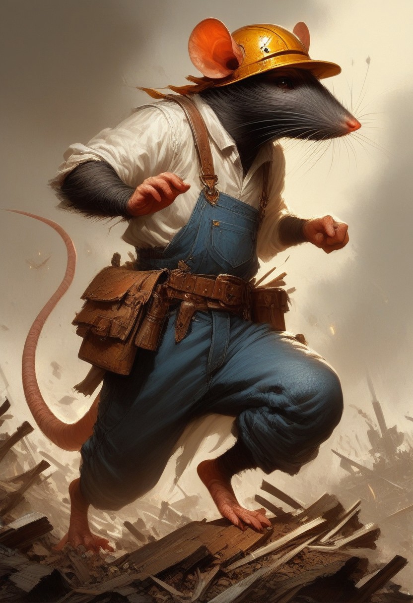 BREAK score_9, score_8_up, score_7_up,  mine, , solo,  rat man, overalls, white shirt, wearing goggles, brown eyes, hard hat, dynamic pose, fully body shot , pick axe, dynamite, bombs, full body shot, (one tail: 1.5)
(masterpiece, best quality, ultra detailed, intricate details:1.2), (detailed face:1.1), (rat folk:1.5)