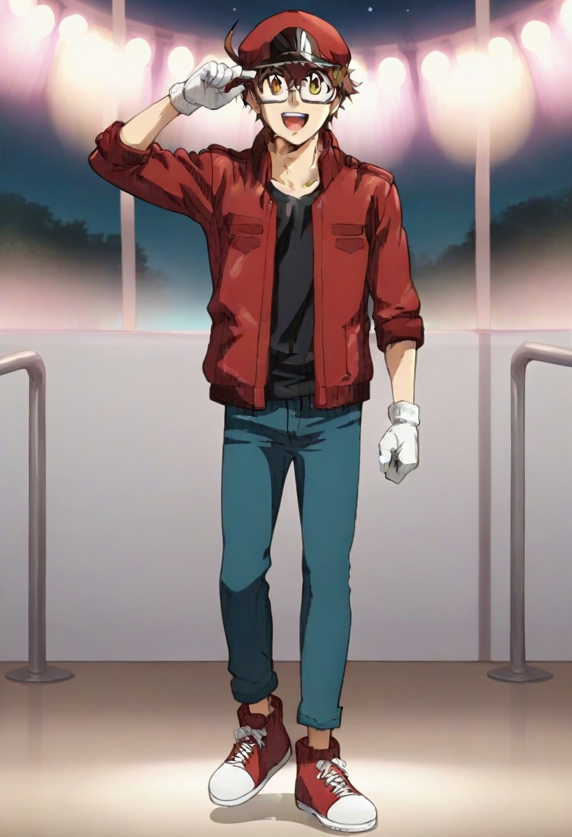 ((masterpiece)), ((best quality)), ((ultra-detailed)), score_9_up, score_8_up, score_7_up, HD, top quality, best quality, High-quality illustrations, anime screencap, perfect anatomy, 1male, 1boy, solo male, male focus, anime, anime boy, male anime character, cute, AA2153RBC, brown hair, ahoge, yellow-brown eyes, red headwear, glasses, red jacket, rolled sleeves, black shirt, white gloves, blue pants, red shoes, ((disco pose, disco dancing pose)), happy, laughing, disco lights