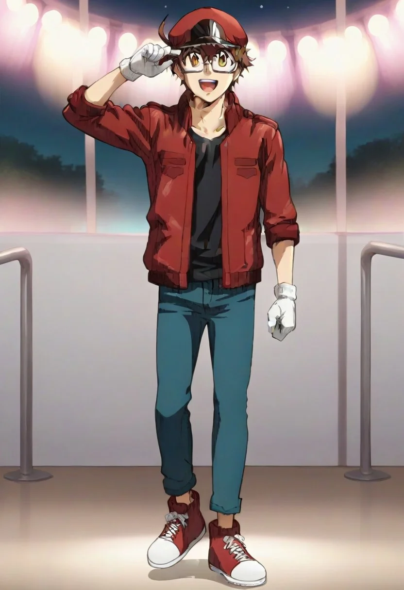 ((masterpiece)), ((best quality)), ((ultra-detailed)), score_9_up, score_8_up, score_7_up, HD, top quality, best quality, High-quality illustrations, anime screencap, perfect anatomy, 1male, 1boy, solo male, male focus, anime, anime boy, male anime character, cute, AA2153RBC, brown hair, ahoge, yellow-brown eyes, red headwear, glasses, red jacket, rolled sleeves, black shirt, white gloves, blue pants, red shoes, ((disco pose, disco dancing pose)), happy, laughing, disco lights
