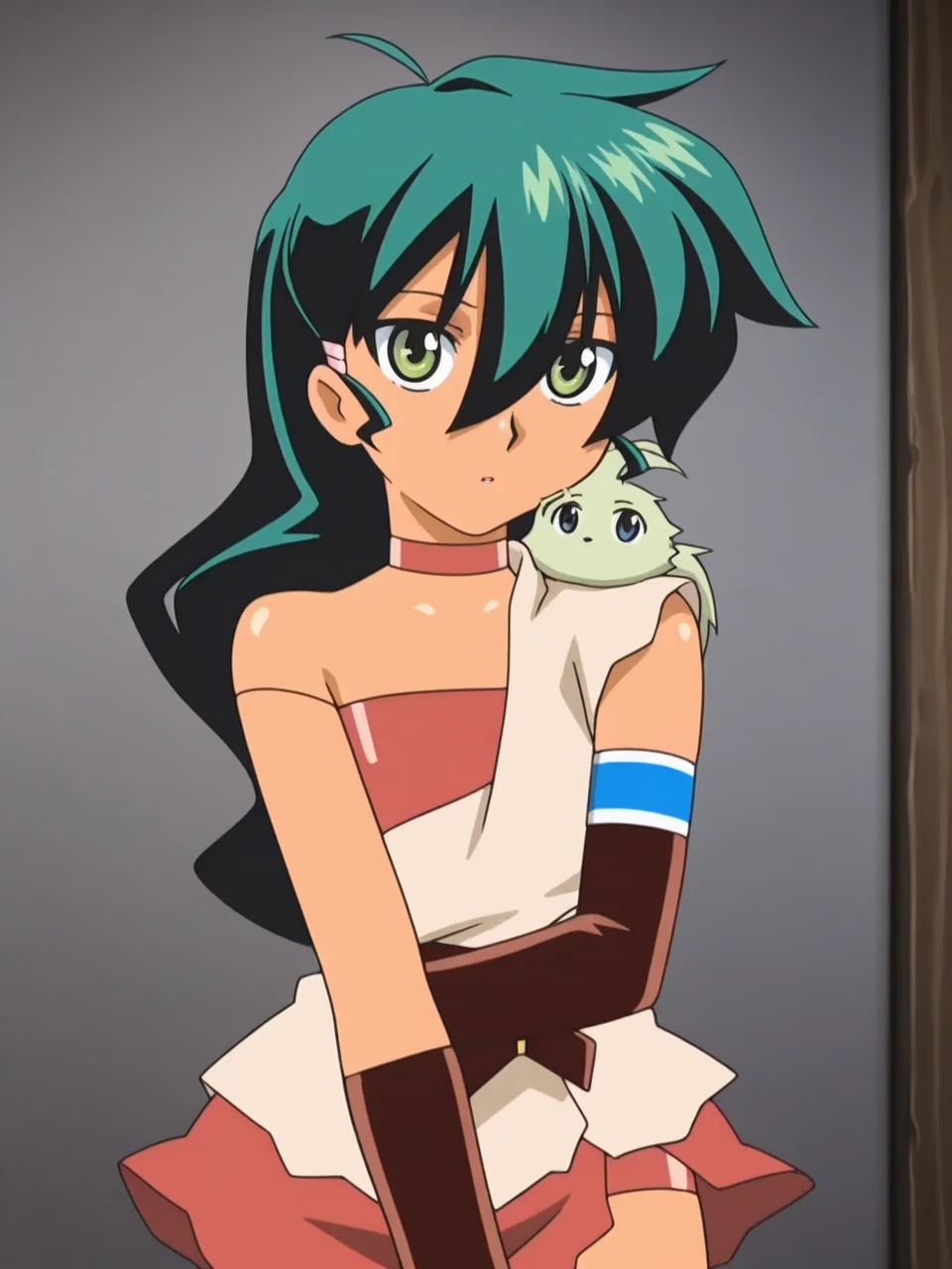 shiny skin, oily skin <lora:deltora_quest_jasmine:1> deltora_quest_jasmine, green hair, black hair, green eyes, hair between eyes, anime coloring, 1990s (style)