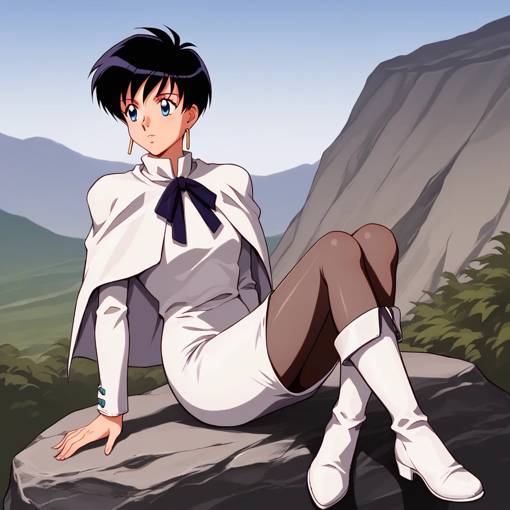 score_8_up, BREAK, MerylStryfe, 1girl, solo, black hair, short hair, blue eyes, earrings, long sleeves, white capelet, ribbon, white dress, pencil skirt, pantyhose, white boots, sitting on rock, outdoors, <lora:MerylStryfe_PXL_Leaf1:1>,