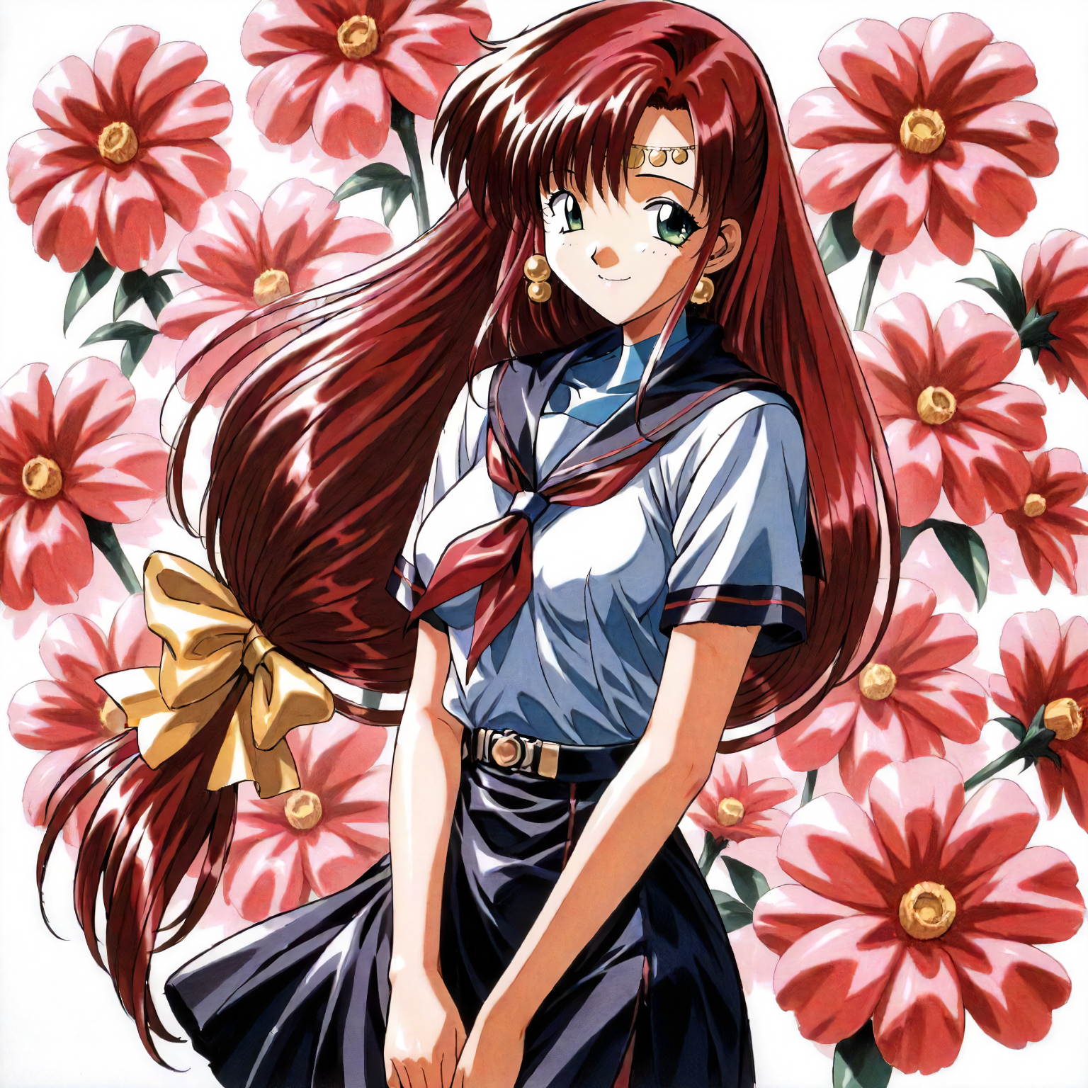 <lora:RC_elenoa_ranXLanimagine001>,
masterpiece,high score,great score,absurdres,
flower background,glitter,
smile,
looking at viewer,
solo,
anime coloring,retro artstyle,1990s (style),
elenoa_ran\(rance_series\),1girl,red hair,circlet,low-tied long hair,hair_bow,green eyes,earrings,
cowboy shot,standing,
serafuku,black sailor color,white shirt,red_neckerchief,short_sleeves,black skirt,