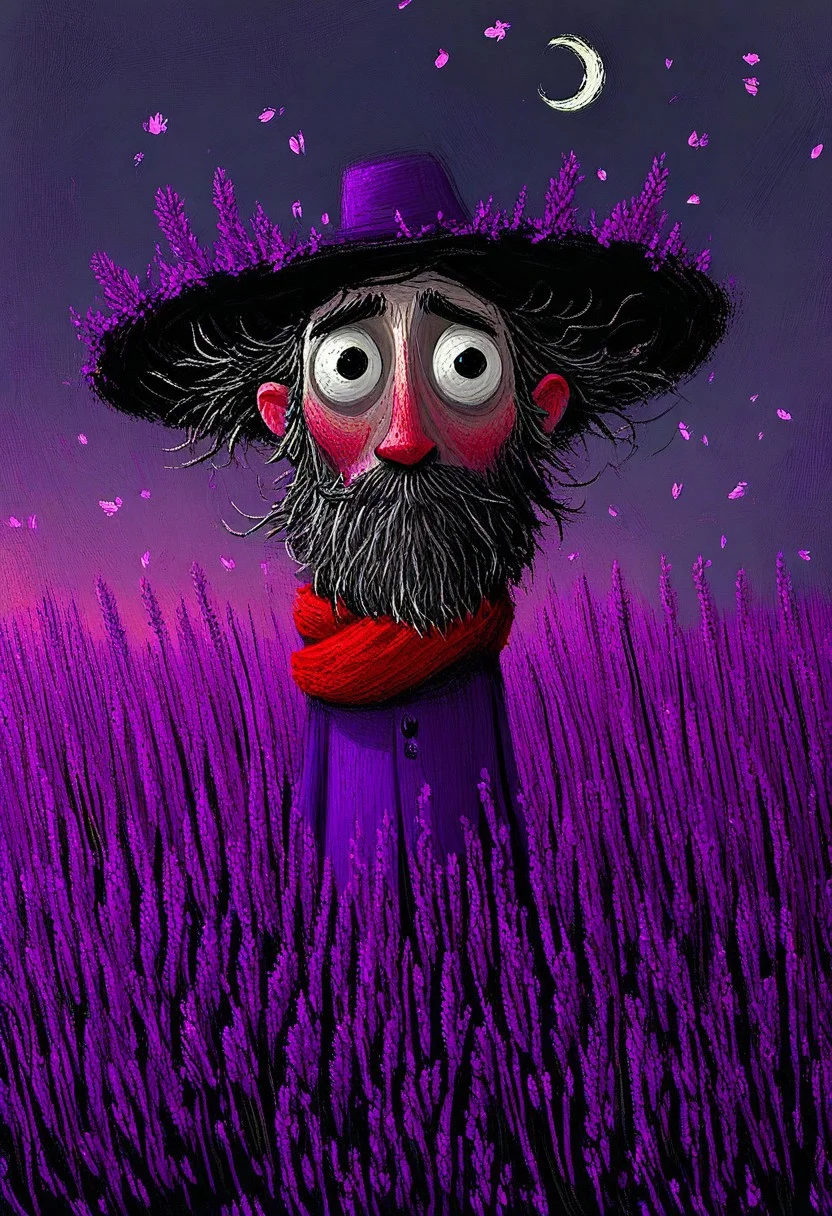 bearded man, elongated face, wild messy hair, impossibly tall, wearing purple wide-brimmed hat, red scarf, standing in field of lavender, floating cherry blossoms, twilight sky, crescent moon, digital painting, textured brushstrokes, enormous haunting eyes, Tim Burton inspired design, dark whimsical art style