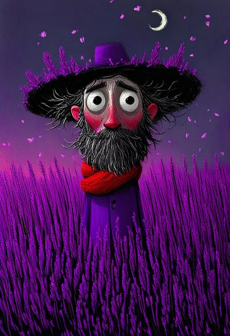 bearded man, elongated face, wild messy hair, impossibly tall, wearing purple wide-brimmed hat, red scarf, standing in field of lavender, floating cherry blossoms, twilight sky, crescent moon, digital painting, textured brushstrokes, enormous haunting eyes, Tim Burton inspired design, dark whimsical art style