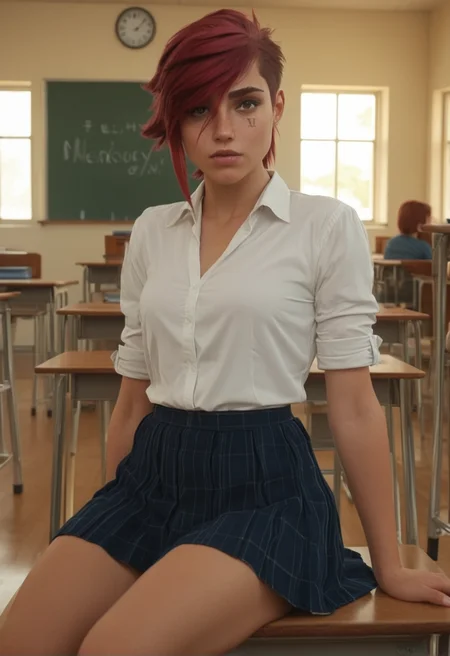 masterpiece, high quality, ALVi, 1girl, pink hair, short hair, looking at viewer, in classroom, school uniform, sitting, face tattoo "VI"