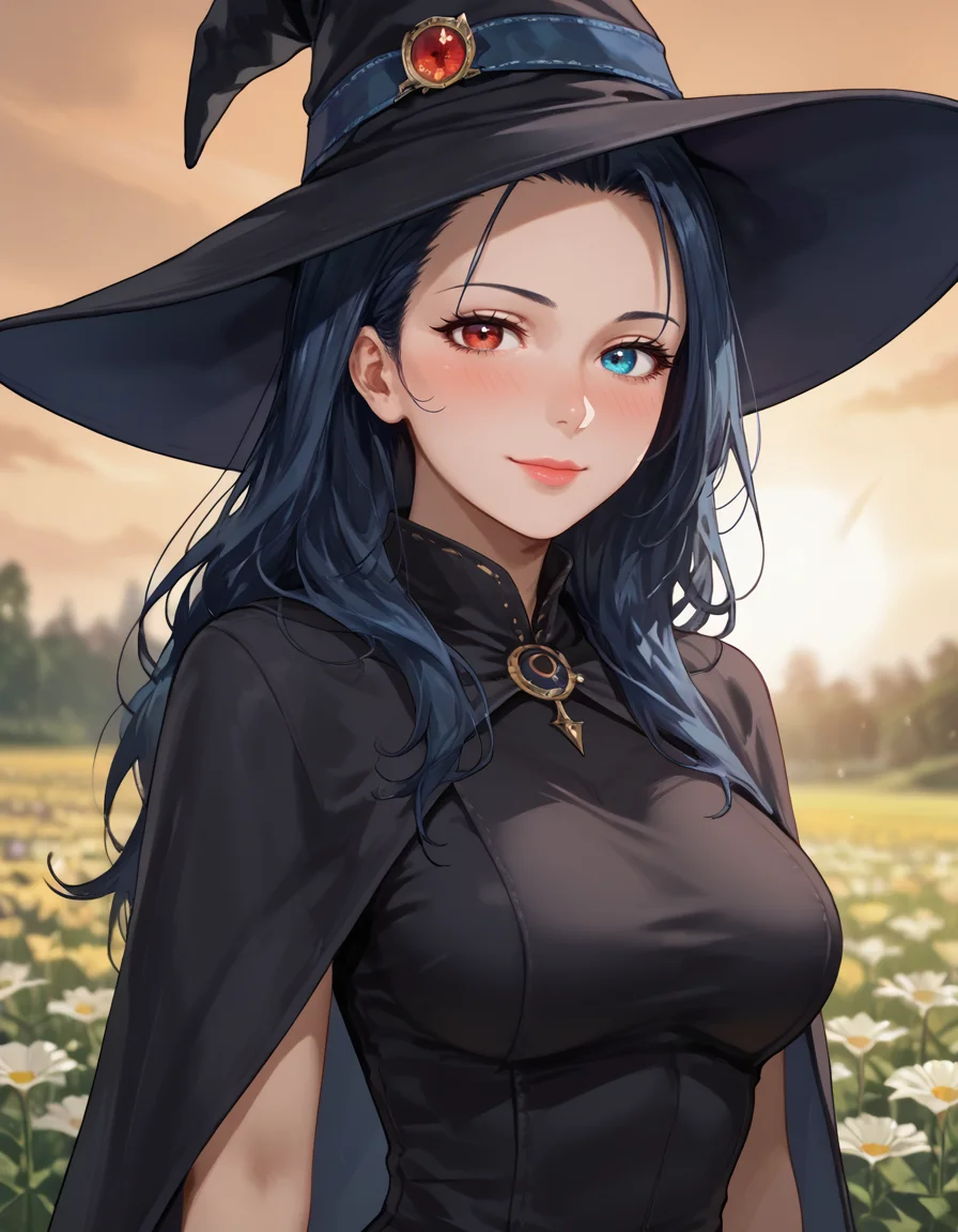 16k, 8k, 4k, wide, wide shot, wide angle,
score_9, score_8_up, score_7_up, flat anime, rating_safe, rating_questionable,
best quality, masterpiece, ultra detailed,
28 years old, 180 cm height, mature,
<lora:Expressive_H:1>, nose, lips, closed mouth, light smile, (blush:1.3),
looking at viewer, portrait, close, dynamic pose, from above,
<lora:Everlasting_Summer_Viola:0.7>, viola, very long hair, heterochromia eyes, left eye red, blue eye blue, blue eyes, heterochromia, red eyes, black hair, blue hair, medium breasts, milf woman solo,
witch, black outfit, witch hat,
amazing background, colorful background, blurry background, bokeh, evening, sunset, field of flowers,