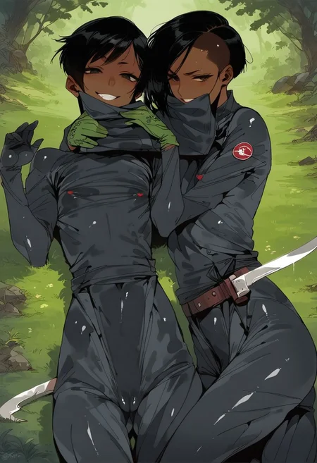score_9, score_8_up, score_7_up, score_6_up, score_5_up, score_4_up, 1girl, black eyes, green tree, ((midnight)), tilted angle, loop lighting, (((forest))), solo, ((((holding sickle)))), Concept Art, (((((((camo bodysuit))))))), flat breasts, flat ass, skinny leg, skinny body, slim girl, (18 years old)), ((pettie)), narrow waist, flat chest, , (((short))), flat breasts, flat ass, narrow waist, ((flat chest)), (((short))), ((flat chest)), (((anorexic))), ((((dark skin woman))))), (((tight green glove))), ((((bodysuit)))), black hair, (((pixie cut))), (((smug))), ((green glove)), , ((nipple)), ((((((dynamic pose))))))) , ((((((dynamic hand))))))) , ((((((dynamic leg))))))) ,(((((((transparent black bodysuit)))))), ((transparent gas mask)), , ((((lesbian))))), ((((lying down)))), ((((character sheet))))