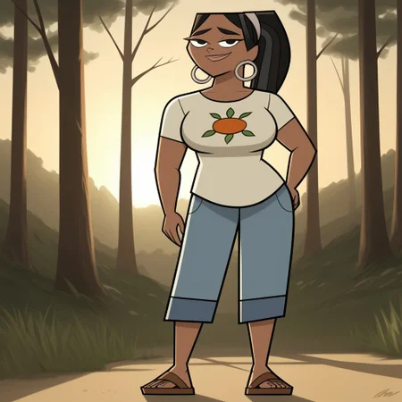 score_9, score_8, BREAK, solo, black hair, black eyes, lips, food print shirt, white shirt, short sleeves, blue pants, flip flops, hoop earrings, dark skin, ponytail, mole under eye, big breasts, Total Drama, Leshawna_(Total_Drama), sexy pose, smile, outdoors, sunlight, shadows, evening lighting, natural lighting, forest, trees, grass, orange sky, sunset