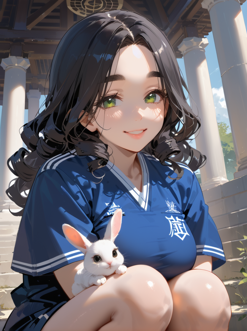 PonyScores7, source_anime, rating_safe, ah1, 1girl, (curly hair), long hair, (black hair:1.3), mature female, (parted hair:1.7), (round face:1.2), (no_bangs), (no_fringe), (thick eyebrows), (curvy), round-chin, (greenish hazel eyes), caucasian, (downturned eyes:1.2), (plump face), <lora:ETO_OCPonyXL:0.5> eto_oc, skindentation, (plump), thick thighs, wide hips, busty, voluptuous, kinky curls, lips, bad-hands-5, <lora:venus body PonyXL:0.6>, <lora:xl_more_art-full_v1:0.3>, <lora:shinyskin2:0.3> glistening skin, <lora:aesthetic_anime_v1s:0.3>, <lora:Expressive_H:0.3> Expressiveh, <lora:hairdetailpxl:0.3> hairdetailpxl, <lora:EpicF4nta5yXL:0.3>, <lora:detailxl:0.3> detailxl, <lora:Fant5yP0ny:0.3>, best quality, amazing quality, best aesthetic, absurdres, <lora:expressive eyes:0.3> expressive eyes, <lora:eyedetailpxl:0.3> eyedetailpxl, illustration, Volumetric_Lighting, ultra-detailed, very aesthetic, intricate details, 8k, masterpiece, best_quality, (smile, happy), (Eye-level angle (from the side) view Extreme Close shot (focus on knees)), (holding a rabbit), (In a serene temple grounds with the Kinkaku-ji in the background), (darkkhaki Rugby Sevens Uniform), <lora:Eyes_High_Definition:0.3> EyesHD, looking at viewer,  Stable_Yogis_PDXL_Positives, AS-Adult,