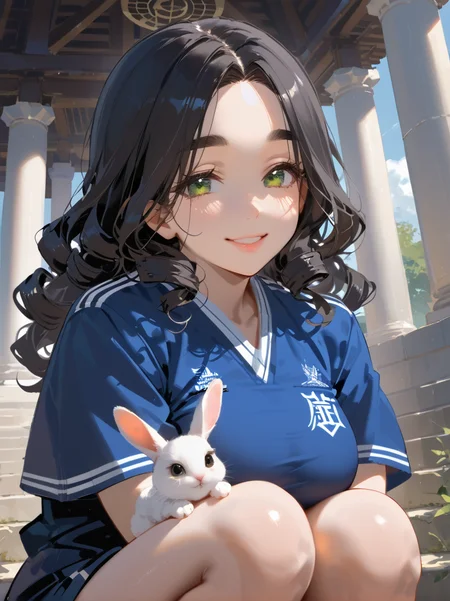 PonyScores7, source_anime, rating_safe, ah1, 1girl, (curly hair), long hair, (black hair:1.3), mature female, (parted hair:1.7), (round face:1.2), (no_bangs), (no_fringe), (thick eyebrows), (curvy), round-chin, (greenish hazel eyes), caucasian, (downturned eyes:1.2), (plump face), <lora:ETO_OCPonyXL:0.5> eto_oc, skindentation, (plump), thick thighs, wide hips, busty, voluptuous, kinky curls, lips, bad-hands-5, <lora:venus body PonyXL:0.6>, <lora:xl_more_art-full_v1:0.3>, <lora:shinyskin2:0.3> glistening skin, <lora:aesthetic_anime_v1s:0.3>, <lora:Expressive_H:0.3> Expressiveh, <lora:hairdetailpxl:0.3> hairdetailpxl, <lora:EpicF4nta5yXL:0.3>, <lora:detailxl:0.3> detailxl, <lora:Fant5yP0ny:0.3>, best quality, amazing quality, best aesthetic, absurdres, <lora:expressive eyes:0.3> expressive eyes, <lora:eyedetailpxl:0.3> eyedetailpxl, illustration, Volumetric_Lighting, ultra-detailed, very aesthetic, intricate details, 8k, masterpiece, best_quality, (smile, happy), (Eye-level angle (from the side) view Extreme Close shot (focus on knees)), (holding a rabbit), (In a serene temple grounds with the Kinkaku-ji in the background), (darkkhaki Rugby Sevens Uniform), <lora:Eyes_High_Definition:0.3> EyesHD, looking at viewer,  Stable_Yogis_PDXL_Positives, AS-Adult,