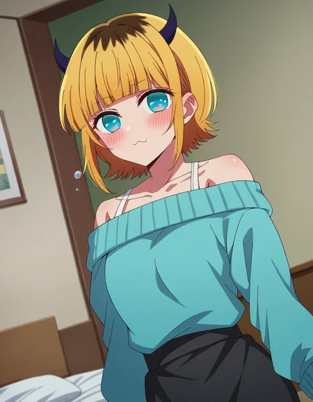 score_9, score_8_up, score_7_up, source_anime,
memcho, <lora:memcho-s1-ponyxl-lora-nochekaiser:1>
memcho, blonde hair, blue eyes, blunt bangs, demon horns, fake horns, horns, short hair,
bare shoulders, black skirt, blue sweater, long sleeves, off shoulder, off-shoulder sweater, puffy sleeves, skirt, sweater, white ribbon,
indoors, bed, bed room, on side, blush, drunk,
looking at viewer, dutch angle, cowboy shot