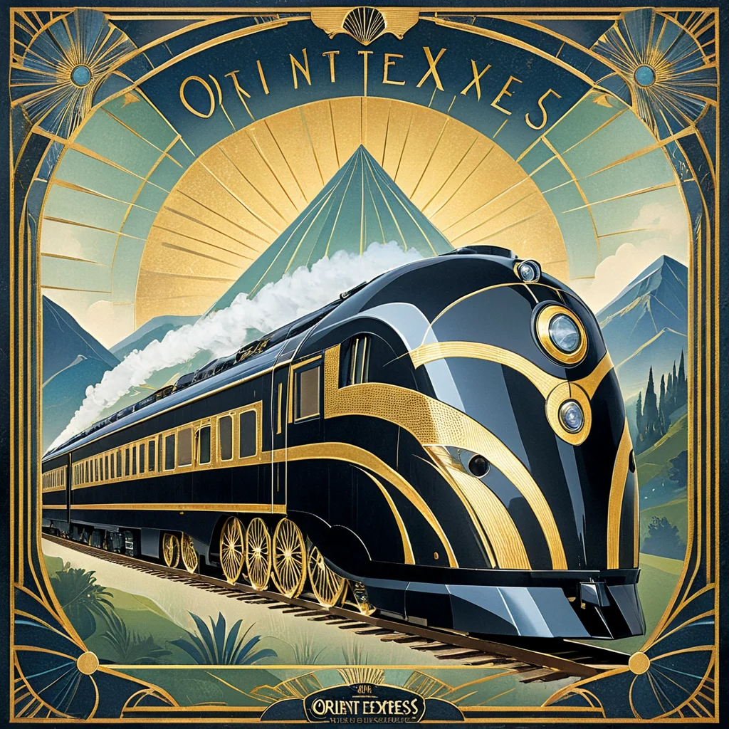 ArsMJStyle, Art Deco, <lora:add-detail-xl:1.2>, <lora:Art_Deco:1>, A glamorous Art Deco poster for the Orient Express, featuring a stylized locomotive speeding through a European landscape, framed by geometric patterns and metallic gold accents, with fashionable travelers in the foreground.