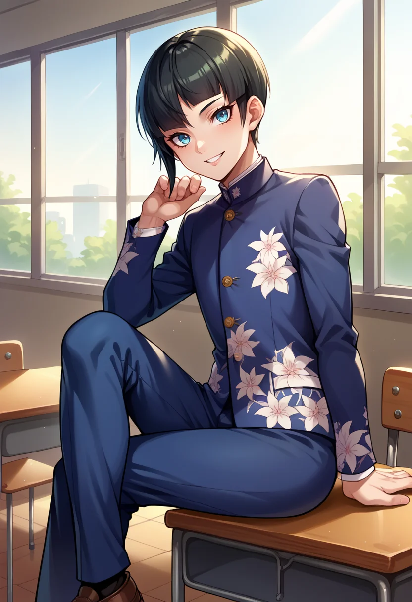 score_9, score_8_up, score_7_up, source_anime BREAK solo, 1boy, smile, <lora:SmtV-Protag-pdxl_Fp-000008:1>, smtvprotag, bob cut, blunt bangs, black hair, blue eyes, school uniform, blue pants, floral print, sitting, long sleeves, looking at viewer, single sidelock, classroom, sitting on desk, crossed legs, androgynous,
