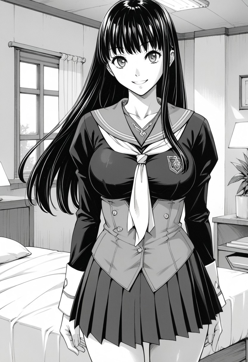 score_9, score_8_up, score_7_up, source_anime,(extremely detailed CG), (best quality),monochrome, greyscale,
 1girl, slender body,large breasts,long hair,cowboy shot,bedroom,school uniform ,Smile,