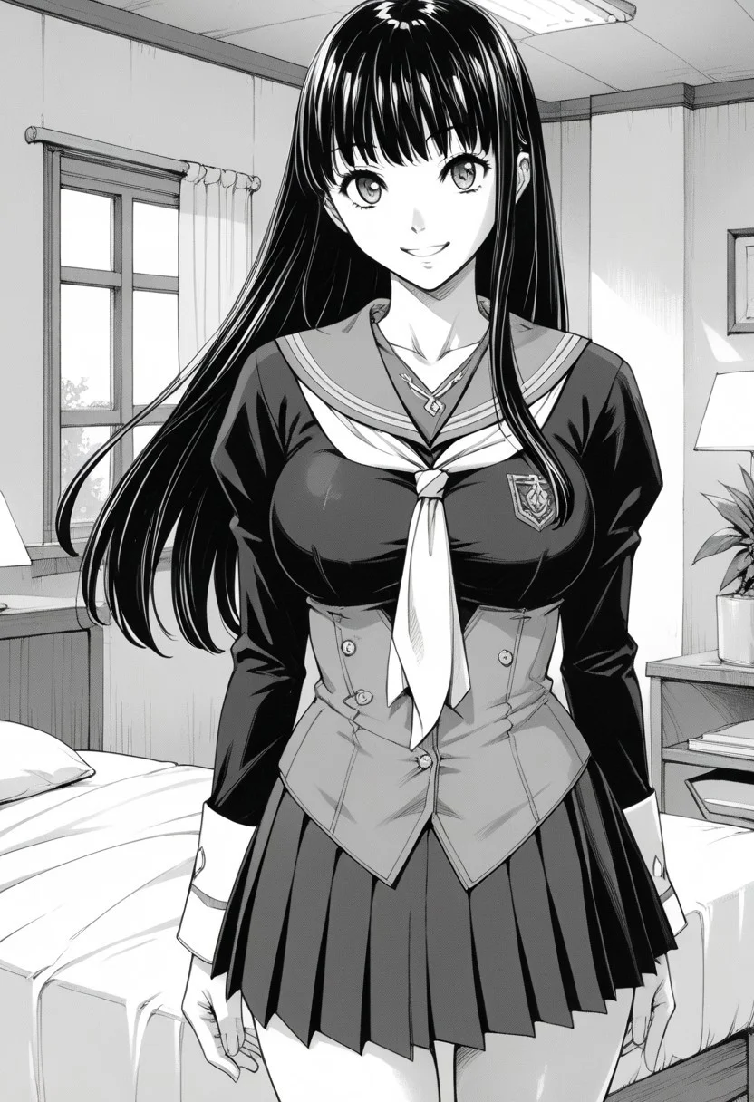 score_9, score_8_up, score_7_up, source_anime,(extremely detailed CG), (best quality),monochrome, greyscale,
1girl, slender body,large breasts,long hair,cowboy shot,bedroom,school uniform ,Smile,