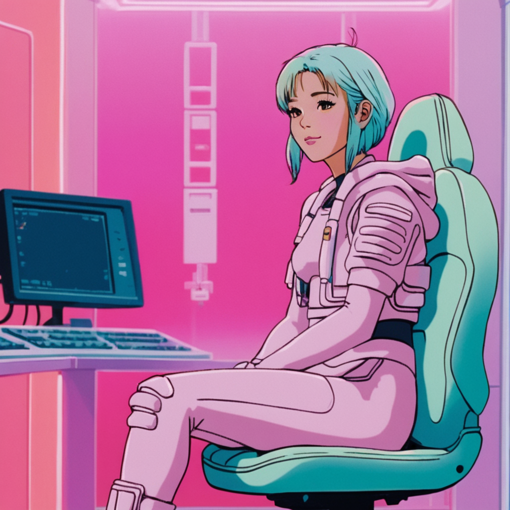 realistic, k4r1n woman sitting, kawaii, cute, extreme medium shot, happy, from side, background of gradient fluorescent computer room, pastel tones (by wes anderson:1) <lora:k4r1n-000005:0.6>