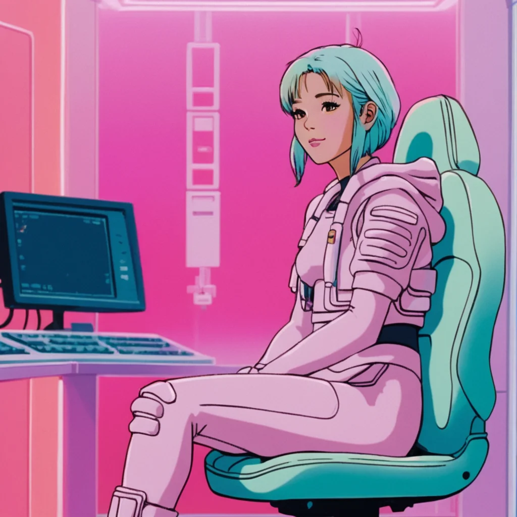 realistic, k4r1n woman sitting, kawaii, cute, extreme medium shot, happy, from side, background of gradient fluorescent computer room, pastel tones (by wes anderson:1) <lora:k4r1n-000005:0.6>