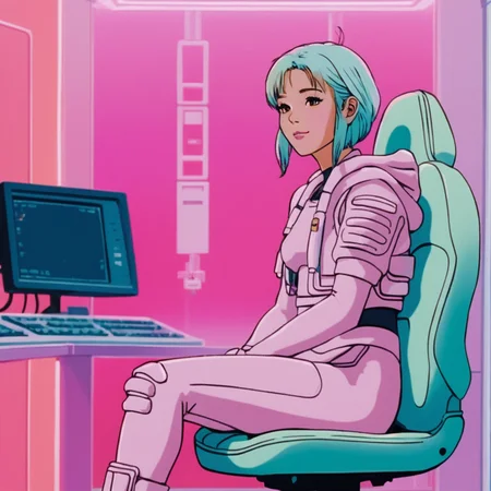 realistic, k4r1n woman sitting, kawaii, cute, extreme medium shot, happy, from side, background of gradient fluorescent computer room, pastel tones (by wes anderson:1) <lora:k4r1n-000005:0.6>