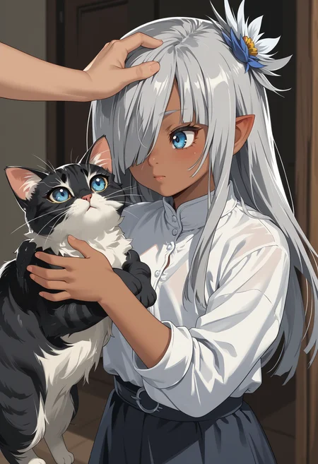 score_9, score_7_up, lunatk, dark elf, standing, dark-skinned female, grey hair, long hair, hair over one eye, blue eyes, hair ornament, shirt, petting, cat,
<segment:yolo-AnzhcFaceseg640v2y8n.pt,0.3,0.3>