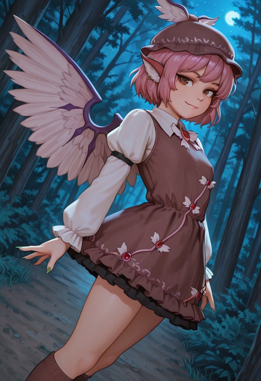 highres,absurdres, incredibly absurdres, semi-realistic,1girl, mystia lorelei, brown eyes, gew, (glowing eyes, eye trail:0.6), pink hair, short hair, animal ears, single earrings, wings, (green Sharp nails:1.2), hat, winged hat, brown dress, white shirt, puffy sleeve, Juliet sleeve, brown socks, black shoes,anorexic, flat chested, sexy, cute, seducive emotion, wolfishly smile, 
BERAK,
Dutch angle, forest, trees, night, dark