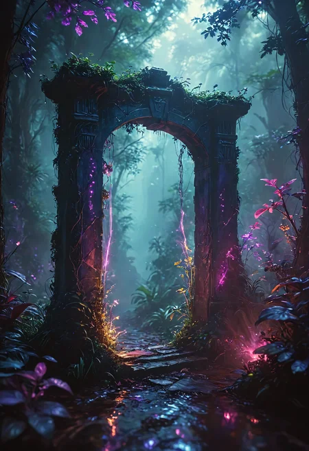 aidmaMJ6.1, secretlab, Digital artwork, dense forest, large magical gate to an eternal kingdom, vibrant Caribbean plants, glowing vines, mystical portal, blade runner style, intricate details, blue and purple magic, depth of field, glowing light particles, game concept, fantasy theme, <lora:DetailMaximizer:0.5> <lora:MidjourneyV6.1:0.5> <lora:SecretLab:0.5> <lora:add-detail-xl:0.5> <lora:MJ52:0.5>