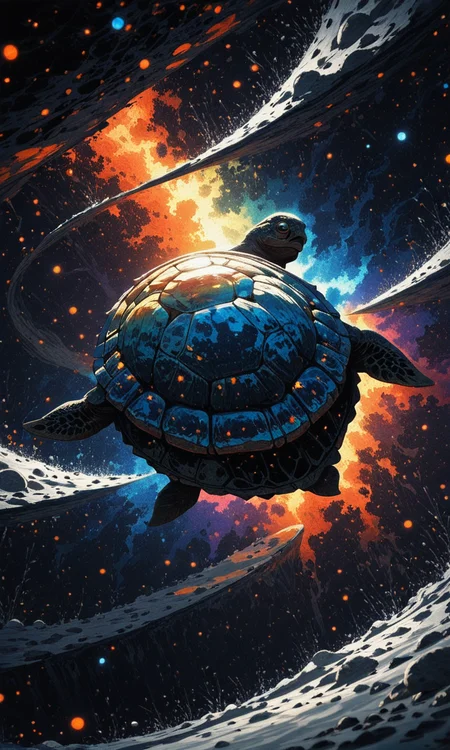 (confused turtle:1.1) drifting through space with a faceted iridescent opalescent turtle-shell with a deep colorful hue reflecting light beautifully intricate facets and rich color, <lora:- iLL -PdJ_highres_counterweight_V1.0-step00004500:.8>, <lora:Illustrious:0.4>, <lora:- iLL - glitchy_neon_stuff_V1.0-step00005000:.4>