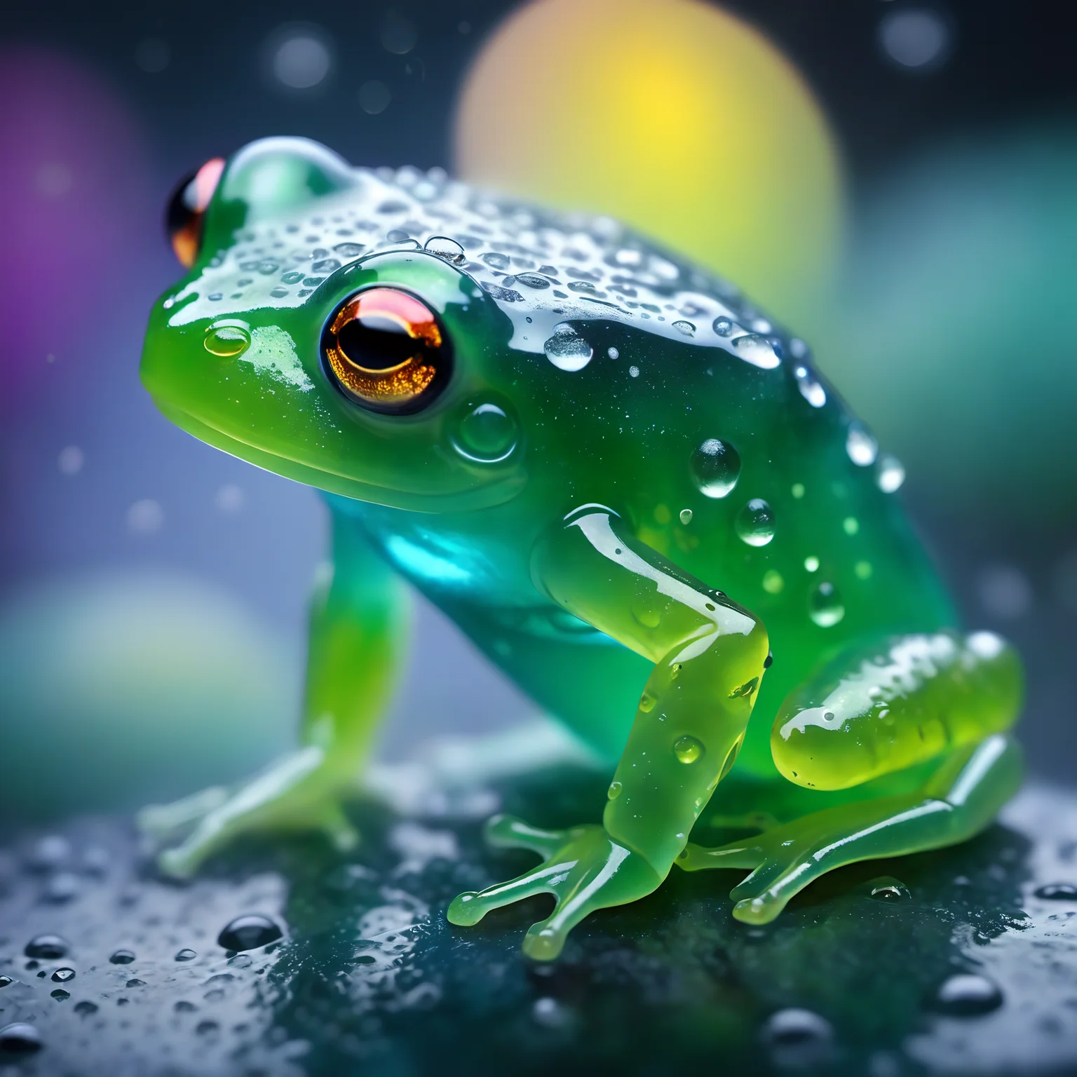 biolumiscent translucent tiny (glass frog:1.3) in wet moist atmosphere, iridescent water drops, depth of field, bokeh, hyperreal, misty mysterious magical scenery