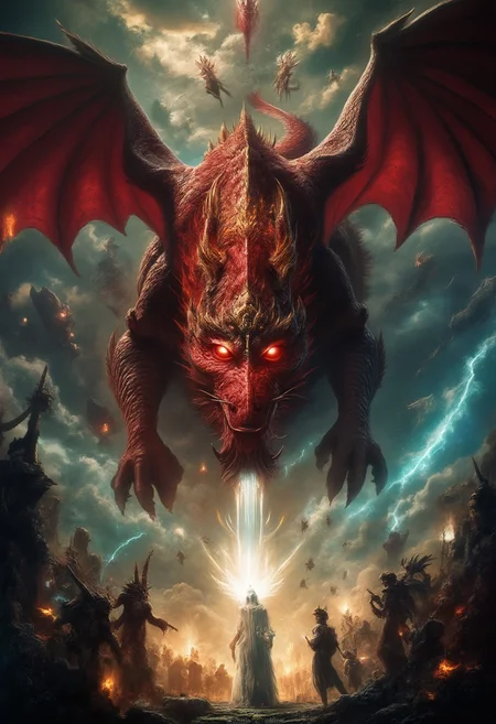 A massive, fiery red dragon, its seven crowned heads twisting in different directions, eyes burning with malice. Its ten jagged horns glisten with an eerie glow, while its wings stretch wide, blotting out the storm-filled sky. The air trembles as its enormous, serpentine tail lashes through the heavens, scattering celestial fragments like falling stars.
Surrounded by shattered ruins and swirling storms, the dragon looms over a mystical, radiant woman, its fanged maw open as if ready to strike. In the heavens, angelic warriors wielding blazing swords descend, their armor reflecting divine light as they charge against the ancient beast.
The dragon’s presence distorts reality—a swirling maelstrom of fire and shadow, its scales shimmering between the realms of existence. Thunder rumbles as the battle between light and darkness unfolds, an apocalyptic clash of cosmic forces.
Ultra-detailed, high fantasy, dark biblical mythology, cinematic lighting, hyper-realistic textures, divine vs. demonic contrast, epic celestial battle. dragon with seven heads.