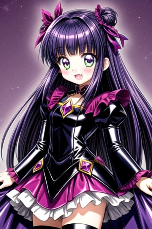 Bad_End_Precure, DarkPrecure, corrupted princess wearing dark pastel (ruffled:1) (gleaming latex:1) gown with (latex vampire cloak:1) and (long frilly wide sleeves), soft lighting, ruffles, (cute little fang:1)
(vmpr:1),
<lora:more_details:1>,