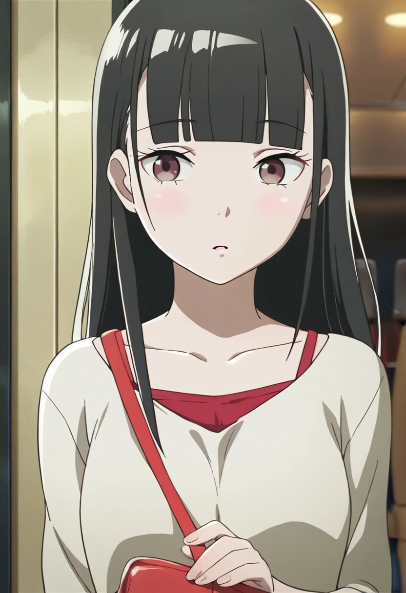 masterpiece,best quality,amazing quality, kobuchizawa shirase, long hair, black hair, reddish-brown eyes, 1girl, solo, bag, blunt bangs, upper body, collarbone