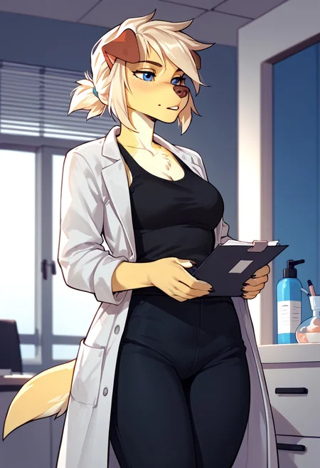 score_9, score_8_up, score_7_up, score_6_up, source_furry,
Frori, dog, canine, female, 1girl, solo, blonde hair, blue eyes, cream-colored fur, yellow fur, tail,
doctor, medical officer, labcoat, lab coat,
black tank top, black pants,