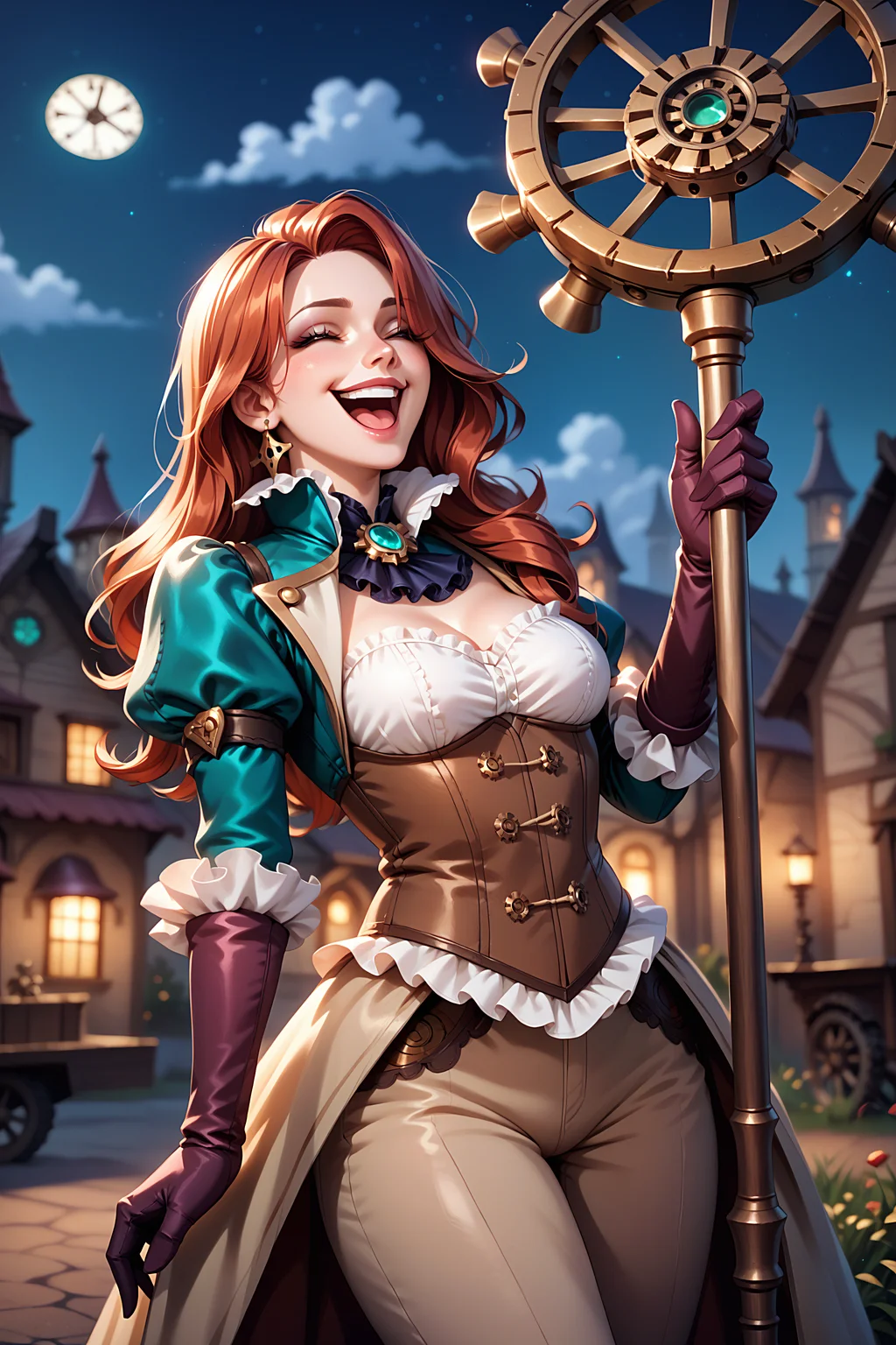 t34l_w1tch, score_9, score_8_up, score_7_up, 1girl, solo, Miss Fortune from League of Legends, cowboy shot, laugh, night, steampunk, gears, Victorian era, doujin, <lora:tr1s5:1.0>