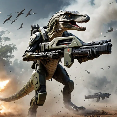 A velociraptor, space armour carrying M41A Pulse Rifle,, smoke, birds flying, realism, detailed,