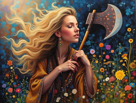 dryad carrying an axe <lora:Midjourney_Whisper_Chromaplex_Velvet_Myst_v01:0.8> <lora:Paper_Marbling_Flux:0.5>