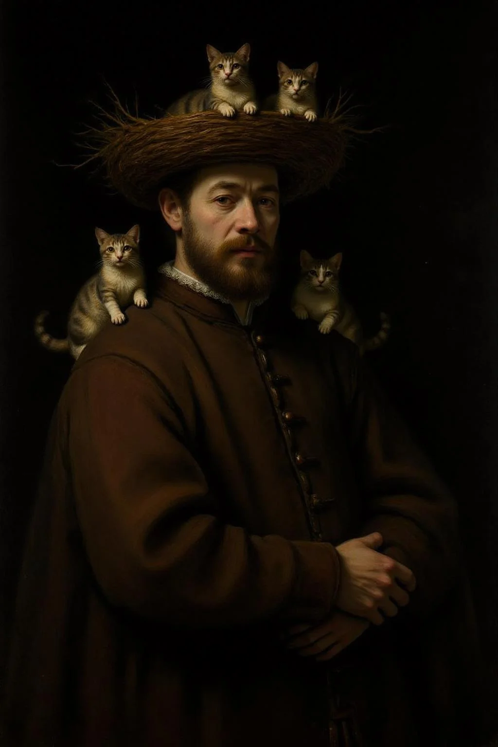rembr2 poil painting portrait of a bearded man wearing a birds nest as headpiece, with cats on his head, dark background, heavy brushstrokes, moody, Rembrandt-style lighting, high contrast, vintage <lora:rembr_paint1_semicap_d6a3:1.0><lora:812159727338328424:0>